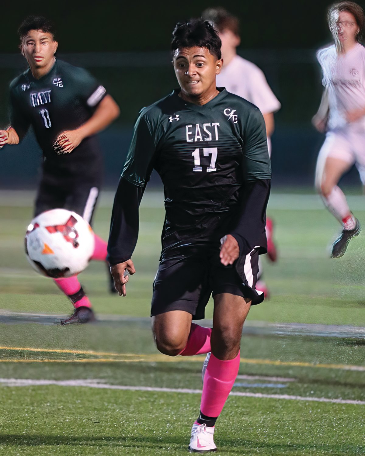 CHASING IT DOWN: Cranston East’s Sam Mejia-Torres chases down the ball in the City Cup  against West at Cranston Stadium.